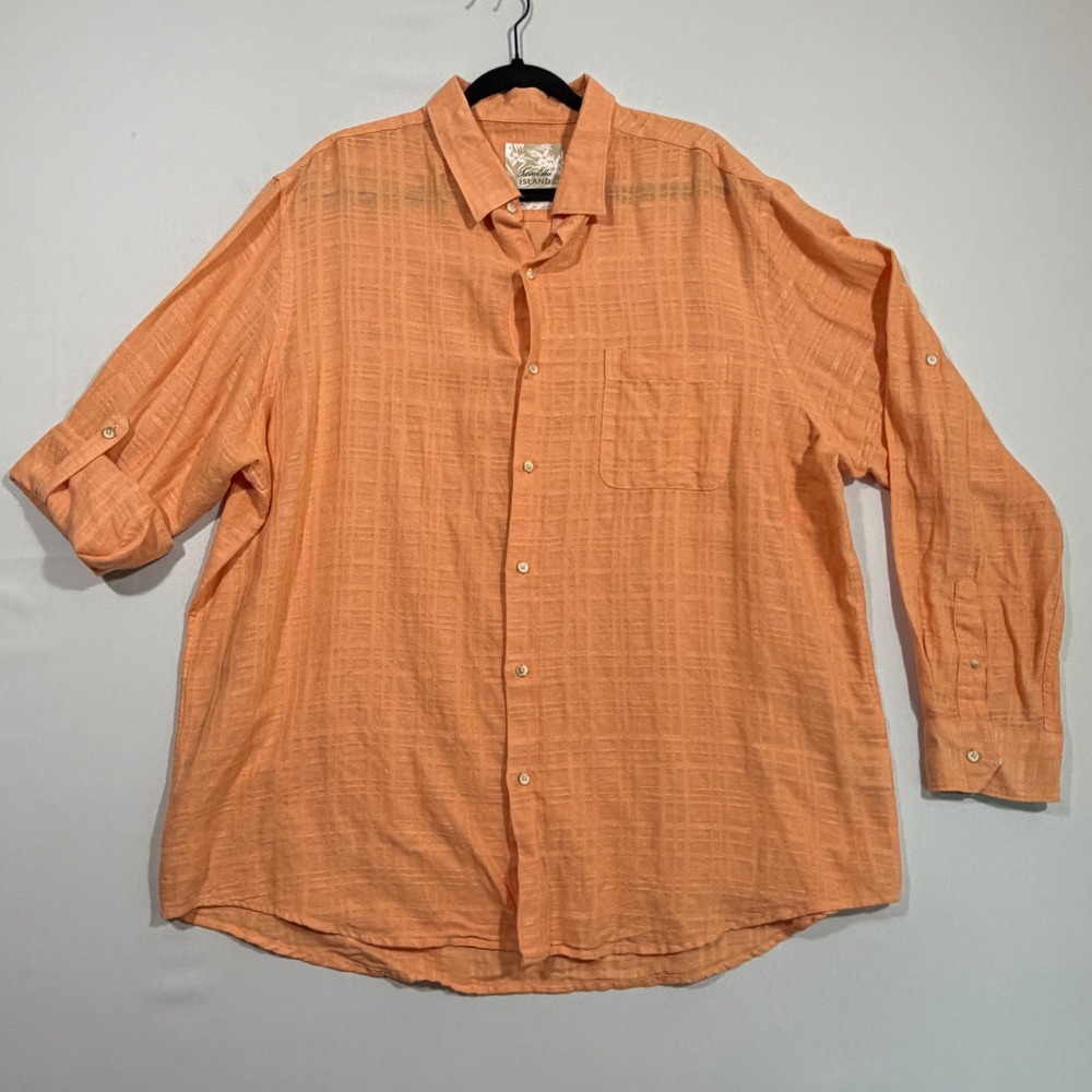 Tasso Elba Mens Shirt XL Orange Linen Blend Long Sleeve Roll Tab Coastal Casual